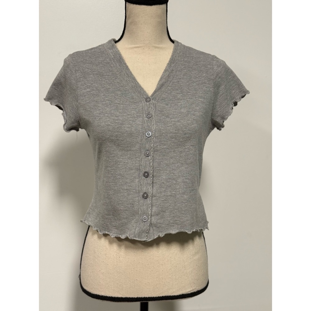Eye Candy Short Sleeve Button Down Crop Top T-Shirt Gray Juniors Size L